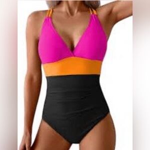 Aidonger One-Piece Swimsuit Sz XL Ruched Color-Block Tummy Control V Neck